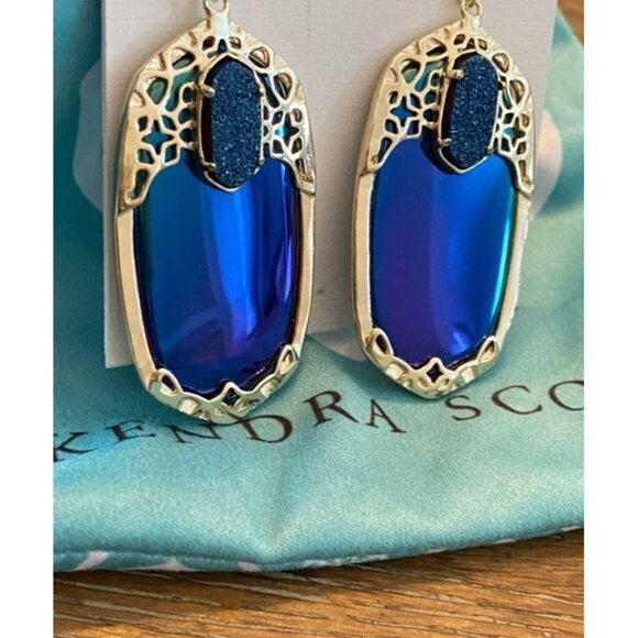 Kendra Scott Deva Statement Earrings Black Iridescent & Blue Druzy In Gold RARE - Picture 3 of 5